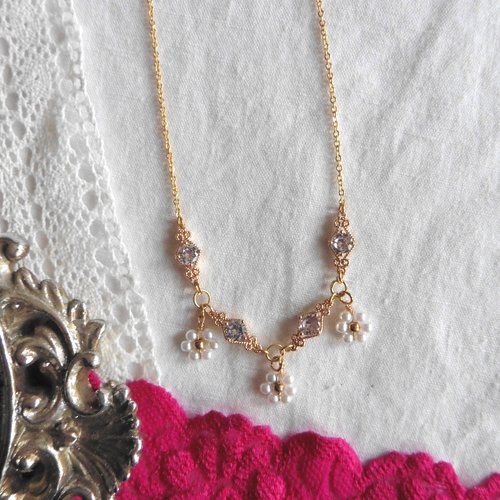Collier régence fleurs de perles et zircons blanc