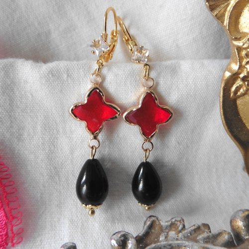 Arlequin boucles d'oreilles trèfle quatre-feuilles cristal rouge perle goutte noir or