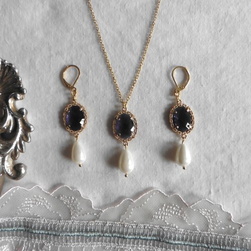 Elizabeth bennet parure ensemble boucles d'oreilles et collier cabochons ovales violet perle or