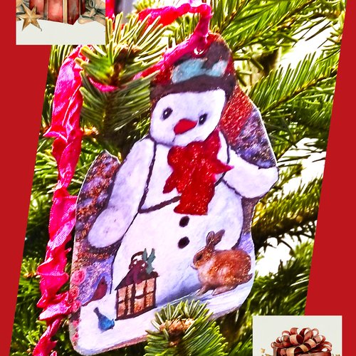 Décoration noël blanc et le bonhomme de neige avec les animaux du dehors et sa lanterne, ornement sapin ou mur joyeux noël pour le sapin