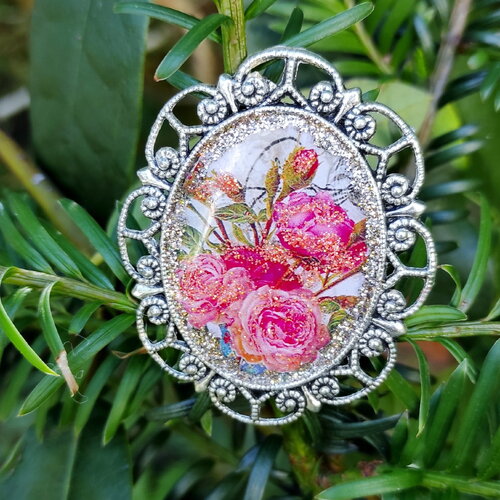 Broche roses orange shabby chic, teintes du rosier roi arthur saumon orangé avec paillettes spéciales bijou, cadeau saint valentin