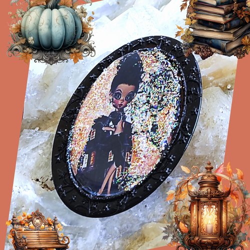 Broche miss automne élégance en noir sur fond orangé, parure à composer spécial jeu concours nuit d'halloween