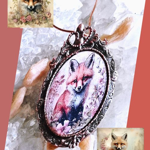 Collier pendentif renard roux parmi les fleurs et herbes sauvages, idée de cadeau nature animalière