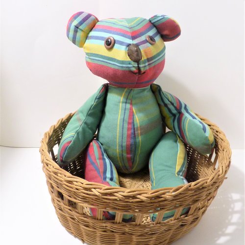 Ours peluche ourson en tissu vert rayé, recyclage, vintage, rembourré, grand, déco, chambre enfant, teddy bear, fait-main,