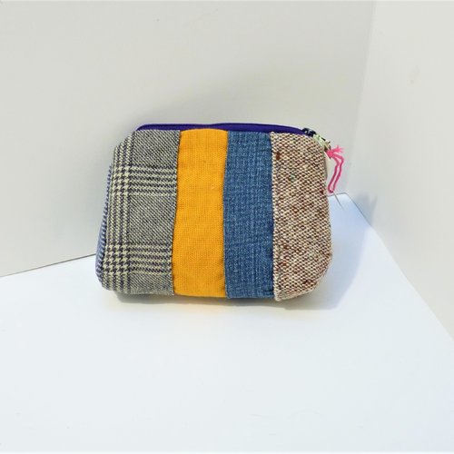 Trousse zip mauve patchwork de tissu multicolores et jean 14 x 11