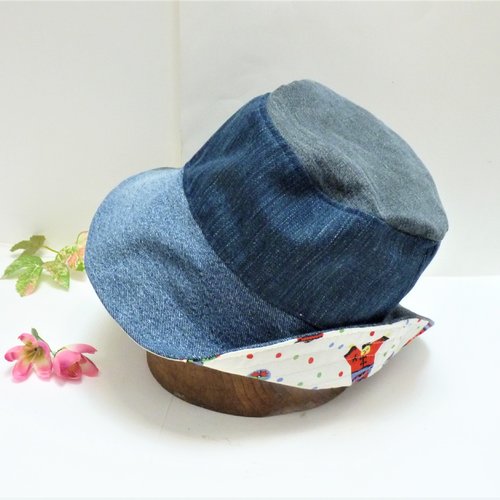 Bob capeline en jean patchwork recyclé reversible chinois t 56/57 "essentiel n°212"