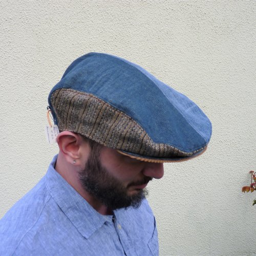 Casquette plate roc n°48 - t62, grande taille, jean recyclé et tissus marron sur le côté, flat-cap, cadeau, grand-père,