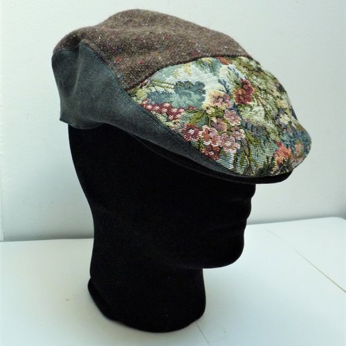 Casquette plate jun n°67, patchwork lainage chiné marron, motif, jean t 56/57, homme, femme, grand-père flat-cap