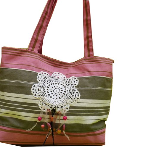 Sac cabas en tissu matelas, rose été, coton, naturel, attrape rêve, crochet, toile ancienne
