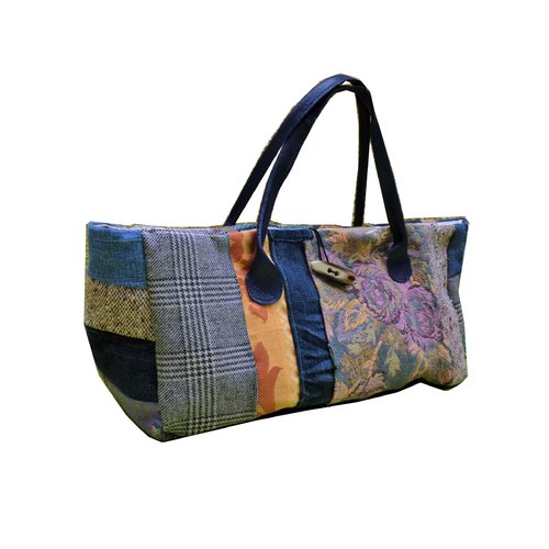 Sac à main bohême patchwork d'étoffes jean recyclé, original, écossais, carreaux fleuri lainage tweed, anses en cuir bleu marine