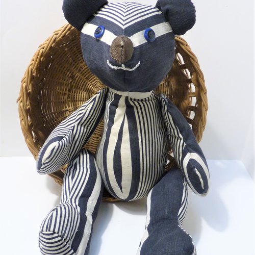 Ours peluche ourson en tissu marine, recyclage, vintage, rembourré, grand, déco, chambre enfant, teddy bear, fait-main,