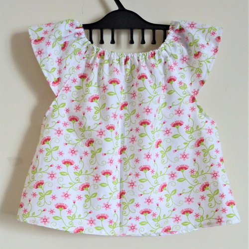 Blouse tunique top haut fillette 4/5 ans manches courtes cotonnade fleurs roses