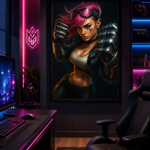 Cyber fighter rose métal – affiche guerrière futuriste signée gams, art digital cyberpunk, poster numérique à imprimer