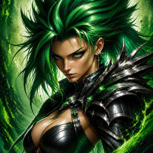 Affiche manga guerrière émeraude – poster anime fantasy, décoration murale gaming, art japonais, femme guerrière, tirage premium