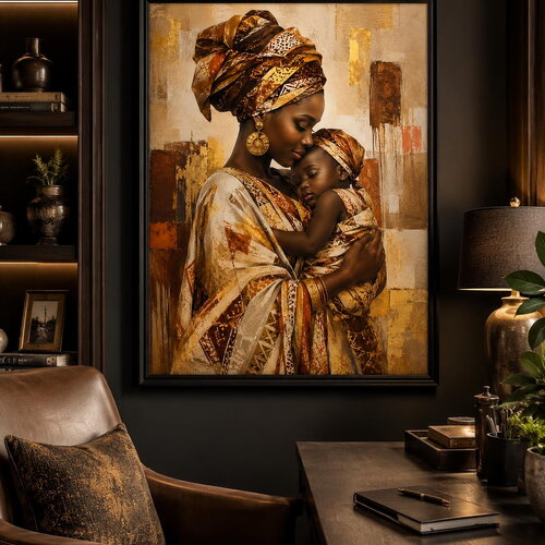 Maternité dorée africaine – affiche murale mère et enfant, art africain élégant, poster numérique gams