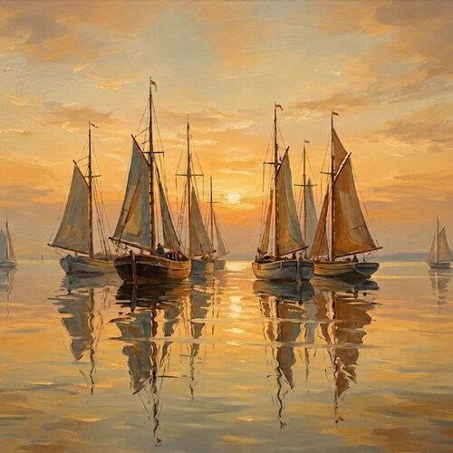 Affiche  voiliers coucher de soleil, affiche panoramique marine, art mural prestige, décoration bord de mer, poster bateau