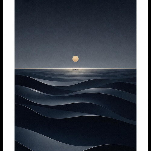 Affiche minimaliste océan &amp; lune – art mural marin bleu nuit, déco zen, poster mer abstraite, style galerie