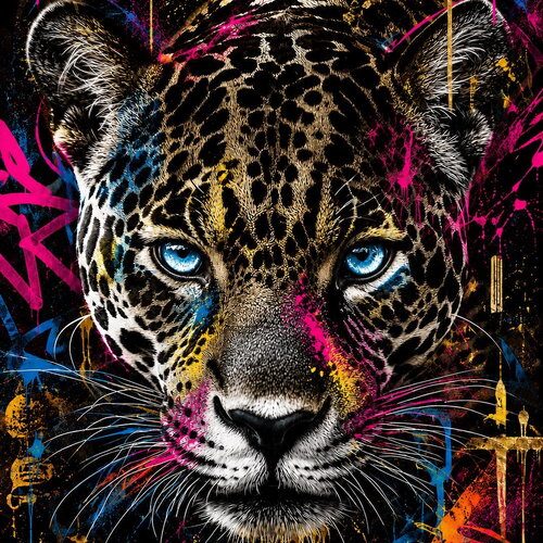 Affiche léopard streets art – poster animalier pop art, yeux bleus, déco murale moderne, toile ou papier premium