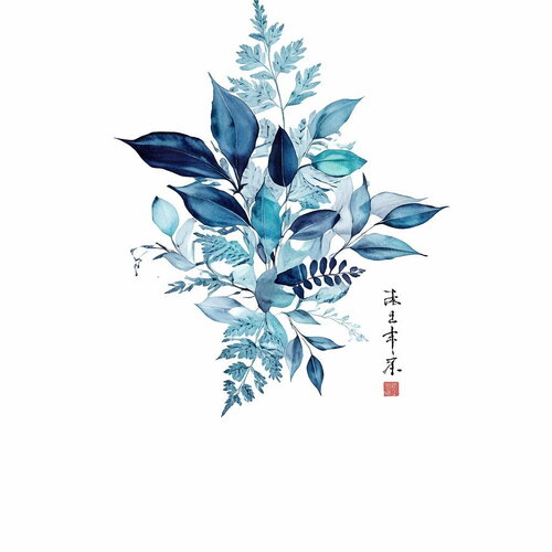 Affiche botanique aquarelle bleue - art mural végétal moderne - poster feuillage indigo &amp; style chinois - impression d'art haute quali