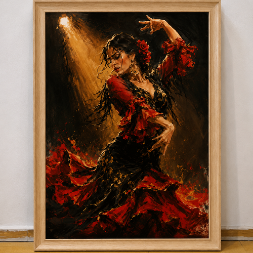 Affiche flamenco de feu – danseuse andalouse en rouge & or – œuvre murale premium  par gams