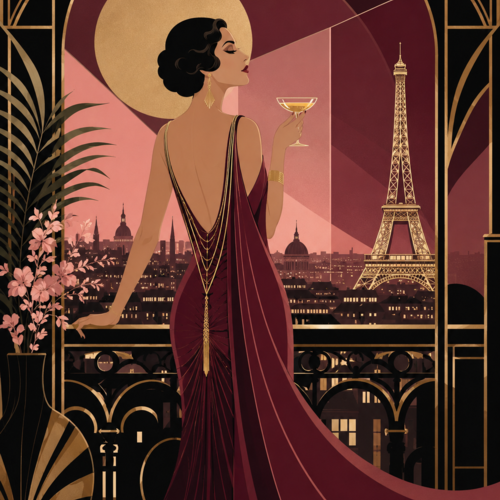 Affiche numérique paris art déco – femme élégante en robe bordeaux – poster digital luxe à imprimer