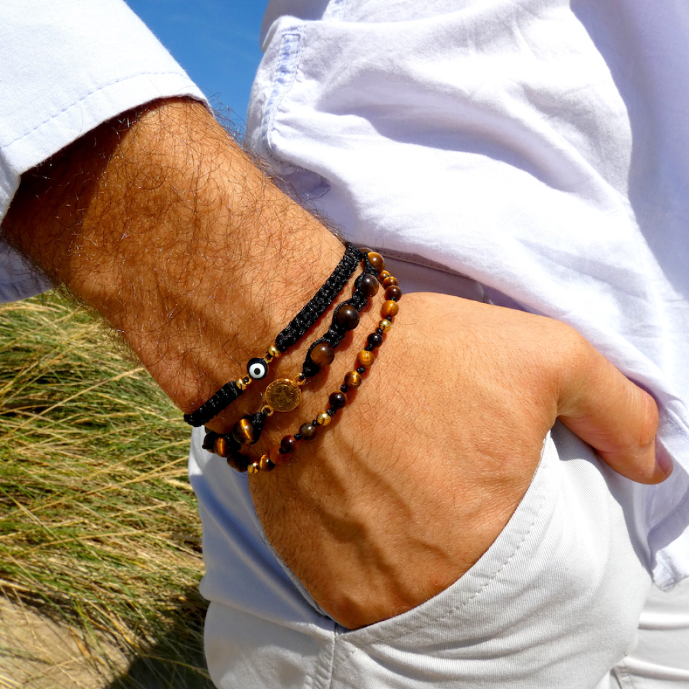 Bracelet Cuir Noir avec Perles de Pierres Naturelles pour Homme