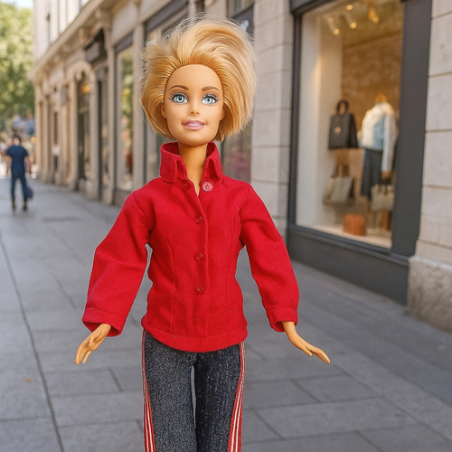 Pantalon jean - chemisier rouge pour poupée barbie modèle unique