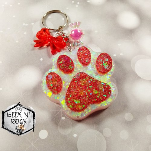 Porte-clés coeur bijoux de sac patte de chat ou patte de chien à paillettes avec noeud et bonbon