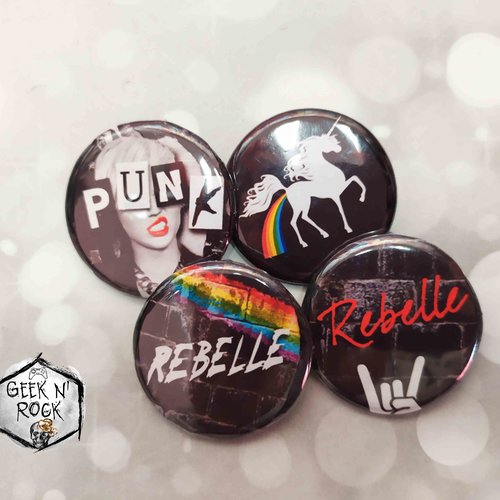 Lot de 4 badges rebelle licorne arc-en-ciel punk