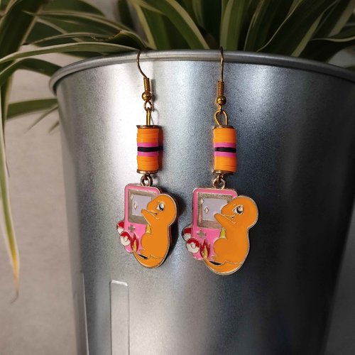 Boucles d'oreilles geek attrapez les tous ! salamèche et son gameboy  pokemon