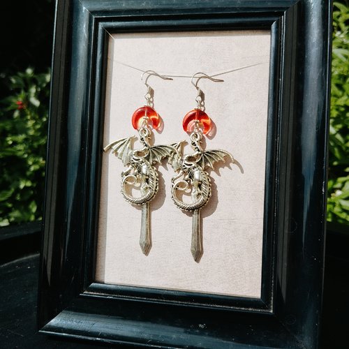 Boucles d’oreilles "dragon d’acier" – talisman de feu & de force