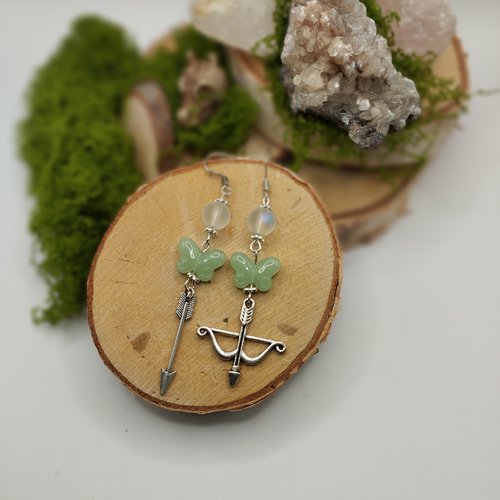 Boucles d’oreilles "fée archère" – papillon de jade & esprit des bois