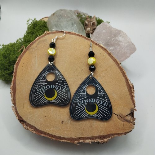Boucles d’oreilles planchette ouija – lune jaune & mystic vibes