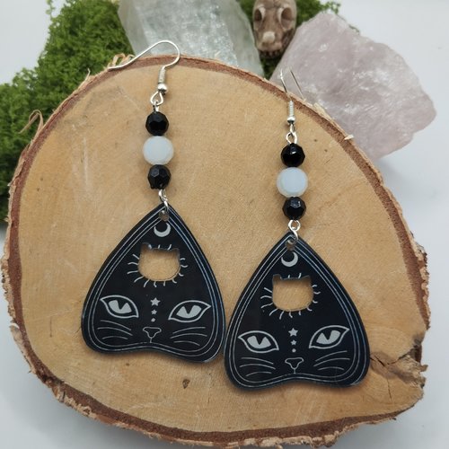 Boucles d’oreilles planchette ouija – chat mystique & lune