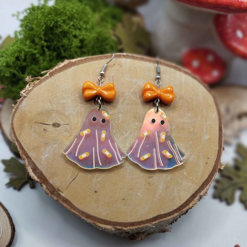 Boucles d’oreilles fantômes d’halloween – reflets irisés & nœud orange