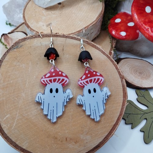 Boucles d’oreilles fantômes champignons – rouge & noir