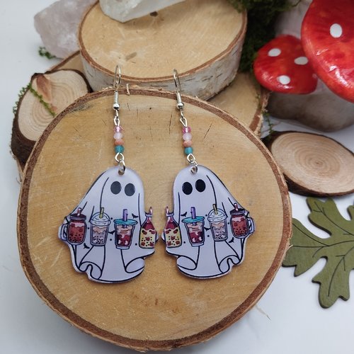 Boucles d’oreilles fantômes bubble tea – pastel & fun