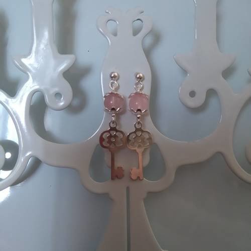 Boucles d'oreilles "clefs" argent et quartz rose 