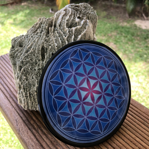 Plaque de rechargement en shungite fleur de vie 11 cm bleu p3-n°4, purifie et recharge vos pierres, vos boissons...