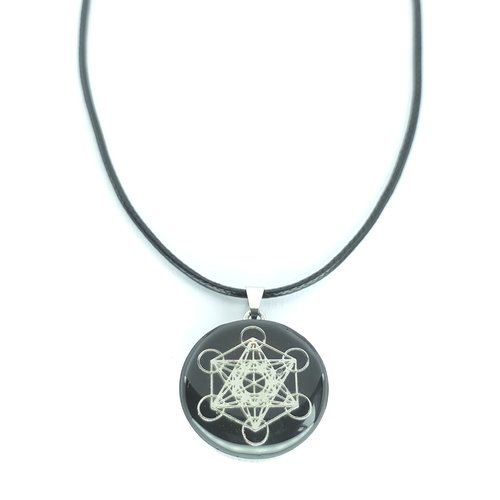 Pendentif artisanal à base de shungite - recto-verso cube de métatron argenté & yin yang