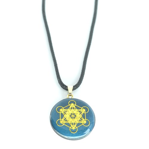 Pendentif artisanal à base de shungite - recto-verso cube de métatron doré & cœur et ailes d'anges