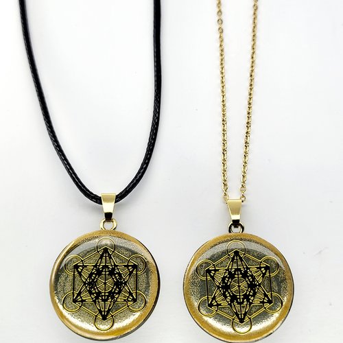 Pendentif artisanal à base de shungite - recto-verso cube de métatron doré sur fond doré & yin yang
