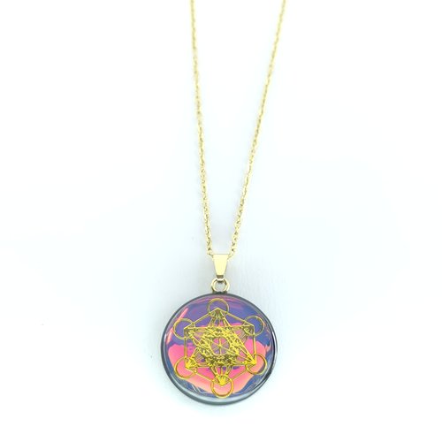 Pendentif artisanal à base de shungite - recto-verso cube de métatron doré sur fond effet miroir & yin yang