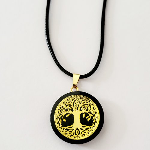 Pendentif artisanal à base de shungite - recto-verso arbre de vie dorée sur fond noir & arbre de vie