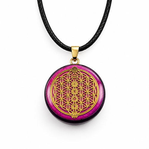 Pendentif artisanal à base de shungite • recto-verso • fleur de vie • géométrie sacrée