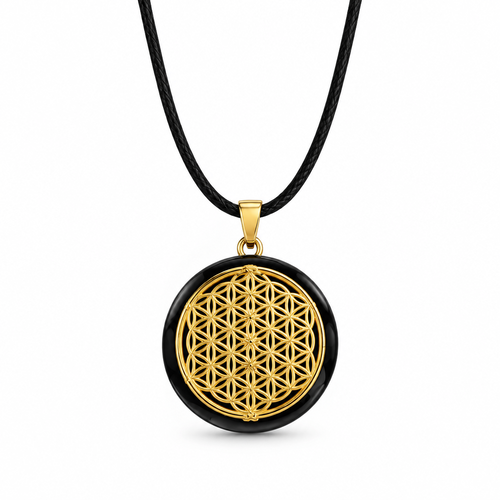 Pendentif artisanal à base de shungite • recto-verso • fleur de vie dorée sur fond noir • géométrie sacrée