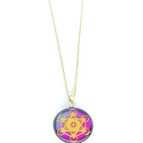 Pendentif artisanal à base de shungite - recto-verso cube de métatron doré sur fond fushia/violet & yin yang