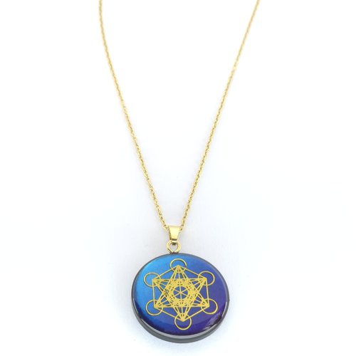 Pendentif artisanal à base de shungite - recto-verso cube de métatron doré sur fond bleu/turquoise