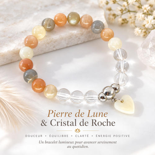 Bracelet artisanal pierre de lune & cristal de roche – pierres naturelles