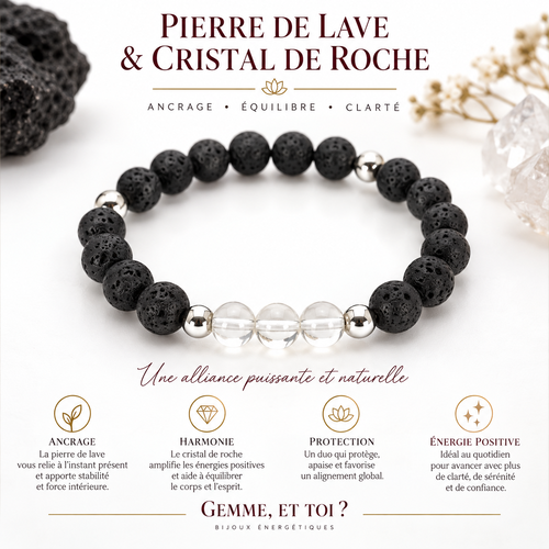Bracelet pierre de lave & cristal de roche – ancrage & équilibre